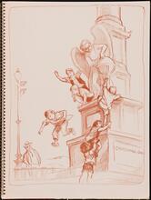 Don Freeman's Newsstand [Children playing on the Christopher Columbus statue in Columbus Circle.]