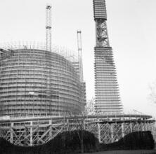 [Construction of the Trylon, Perisphere and Helicline at the New York World's Fair site.]