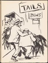 Don Freeman's Newsstand [Two men walking down a street under sign reading "Tails "and "Paws".]