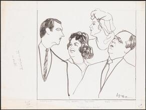 [Zachary Scott as Henry Cotton, Mary McCarty as Brewster, Dody Goodman as Elizabeth Lamb, and Eddie Mayehoff as John T. Kodiak in "A Rainy Day in Newark".]