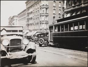 "Collision, 1928" [Auto accident with trolley car]