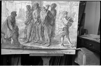 [Signed painting of scene on the Bowery by Reginald Marsh.]
