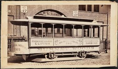 Cable Cars [Vine Street Cable Railway No. 265 streetcar, Fountain Square, Clifton, Zoological Gardens, Burnet Woods, Cincinnati, Ohio.]