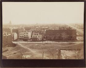 [View from the roof of George Ehret's home at Park Avenue and 94th Street.] Looking directly south. Shows Perepa Hall, now altered & Woolworth's store at the northeast corner of Third Avenue and 86th 