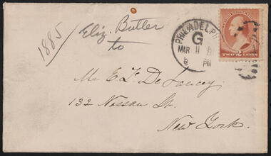 Envelope for letter from Eliza Butler to Edward Floyd De Lancey, March 2, 1885