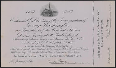 Invitation and admission ticket to Edward Etienne De Lancey to attend service at St. Paul's Chapel, April 30, 1889
