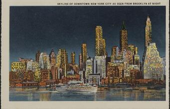 Skyline of Downtown New York City as seen from Brooklyn at Night.