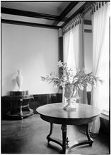 Elsie Cobb Wilson, Inc. Black and white room. Detail of table & windows.