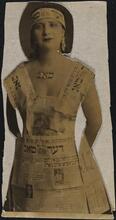 [Berta Gersten in a prizewinning dress constructed entirely from the Yiddish newspaper "Der Tog" for costume ball.]