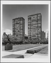 890-870 United Nations Plaza. United Nations Plaza Apartments. View from garden of U.N. near East River looking northwest
