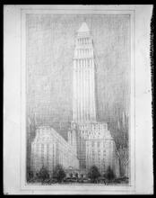 Madison Square Garden design, view with tall tower, rendering by Hugh Ferriss.