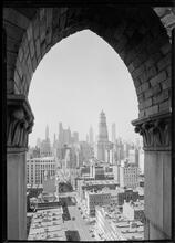 New York City views. View through loggia arch of Barbizon Hotel, 1.