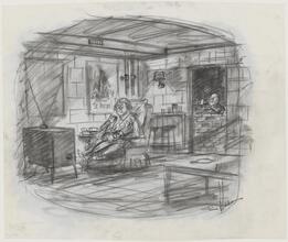 [While a wife is engrossed in the television, her husband bricks up the doorway.]