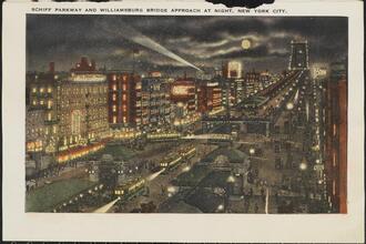 Schiff Parkway and Williamsburg Bridge Approach at Night, New York City.