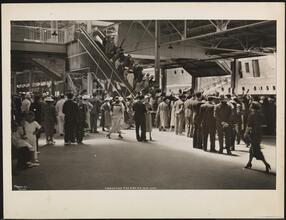 French Line, 610 Fifth Ave., "Normandie" Leaving Pier #88 N.R., Pier Scenes, Crowd on Upper Level.