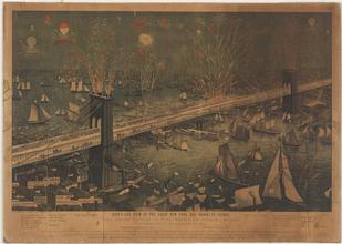 Bird's-Eye View of the Great New York and Brooklyn Bridge and Grand Display of Fireworks on the Opening Night.