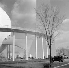 [Construction at the New York World's Fair site, showing Perisphere, Helicline and Trylon.]