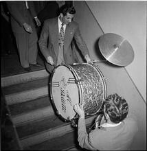 Swing Band Contest Sponsored by LOOK [Band bringing drums up stairs.]
