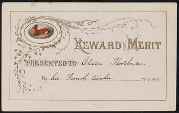 [Reward of merit presented to Clara Thorburn by her French teacher.]