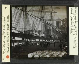 Barkentine Port Jackson, foot of Wall Street, East River. A rare sight in old N.Y. A sailing vessel from Australia.