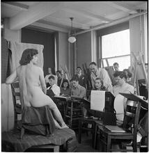 Columbia University [Students drawing a nude in art class.]