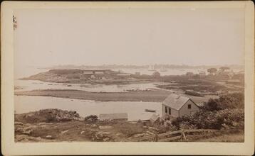 [Unidentified waterfront village, with sailing vessels]