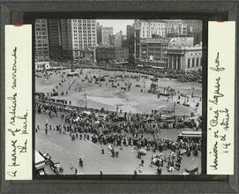 Union or "Red" Square from 14th Street. A parade of radicals surrounds the park.