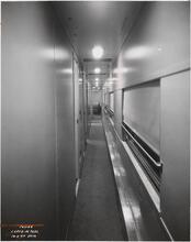 [Business car passageway on  an Atchison, Topeka and Santa Fe Railway train.]