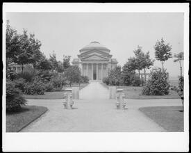 New York University, view of library from the mall, building inscribed "1899".