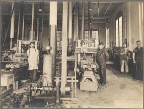 [Workers in a Brooklyn Rapid Transit machine shop.]