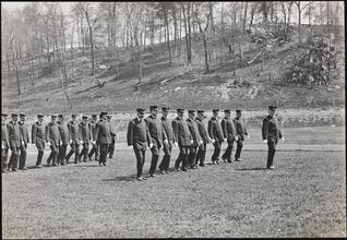 [Fire fighters marching.]