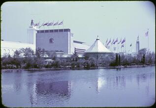 [British and Italian Pavilions showing the Lagoon of Nations.]