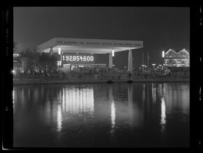 New York World's Fair, Equitable Life Assurance Building, General Front View at Night, Across Lake