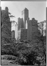 Barbizon Plaza Hotel. Exterior from Central Park between trees.