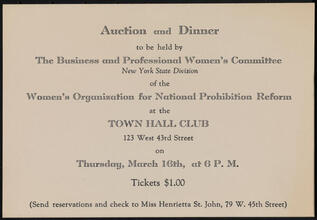 Auction and Dinner to be held by the Business and Professional Women's Committee