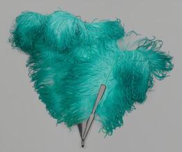 Folding feather fan of shaded green ostrich