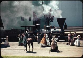 [Actors in a scene from the Parade of Railroads.]