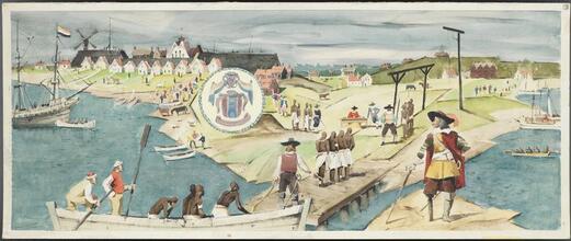 [Henry Hudson's ship arriving in New York Harbor.]