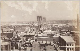 [A. Construction of the Brooklyn Bridge ; B. Brooklyn Bridge.]