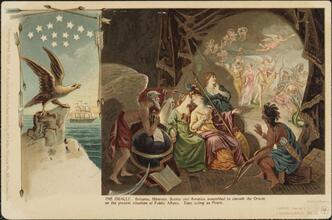 The Oracle - Britania, Hibernia, Scotia, and America assembled to consult the Oracle on the present situation of Public Affairs. Time is acting as Priest.