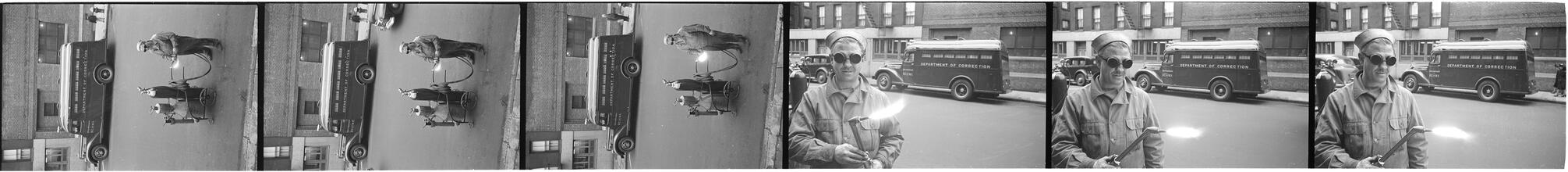 Paddy Wagon [Man with welding equipment used in the making of the television show Paddy Wagon.]