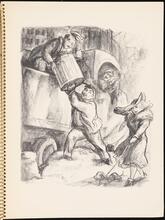 Don Freeman's Newsstand [Woman walking a dog as sanitation workers pick up garbage.]