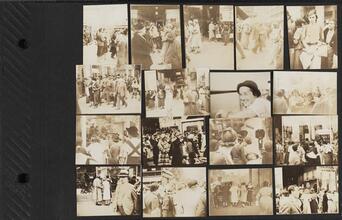 [Scenes of crowds gathered around storefronts and a woman smiling.]