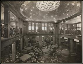 French Line, S.S. "Paris", First Class, Interior, Smoking Saloon from Cafe Terrace.