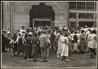 French Line, 610 Fifth Ave., Scenes at Pier #88 N.R., Pier 88 Scenes, Crowds Outside Pier After "Normandie" Sailing.