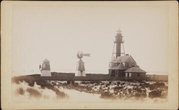 [Unidentified lighthouse, windmill, and bell house, possible in Massachusetts]