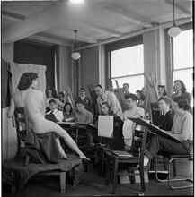 Columbia University [Students drawing a nude in an art class.]