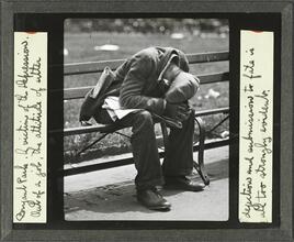 Bryant Park. A victim of the Depression. Out of a job, the attitude of utter dejection and submission to fate is all too strongly evident.